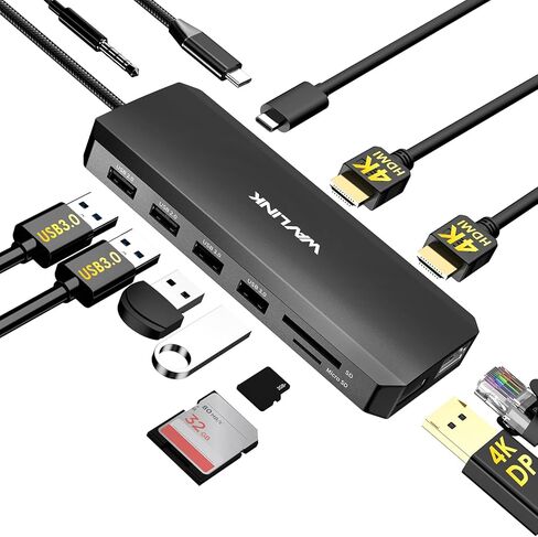 WAVLINK Laptop Docking Station Dual Monitor Triple Display for Windows OS, USB C Hub with 2 HDMI, DisplayPort, 100W PD in, Gigabit Ethernet, USB 3.0/2.0 Ports, SD/TF Card Reader, Audio in Saudi Arabia