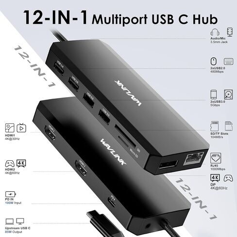 WAVLINK Laptop Docking Station Dual Monitor Triple Display for Windows OS, USB C Hub with 2 HDMI, DisplayPort, 100W PD in, Gigabit Ethernet, USB 3.0/2.0 Ports, SD/TF Card Reader, Audio in Saudi Arabia