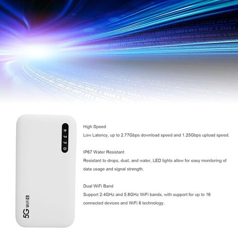 جهاز نقطة اتصال متنقلة 5G WiFi 6 متنقل عالي السرعة، تنزيل 2.77 جيجابت في الثانية، بطارية 6100 مللي أمبير في الساعة، يدعم 16 جهازًا، فتحة SIM نانو، للسفر والمنزل والمكتب in Kuwait