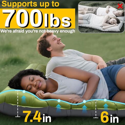 Double Sleeping Pad, Extra Thick 6 Inch Sleeping Pad for Camping 2 Person with Built-in Pillow & Foot Pump Ultralight Compact Inflatable Camping Mat for Backpacking Hiking Travel Tent Camp Gear Gifts in Kuwait