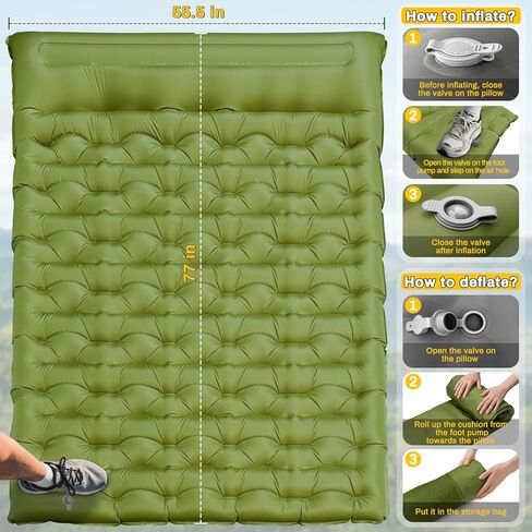 Double Sleeping Pad, Extra Thick 6 Inch Sleeping Pad for Camping 2 Person with Built-in Pillow & Foot Pump Ultralight Compact Inflatable Camping Mat for Backpacking Hiking Travel Tent Camp Gear Gifts in Kuwait