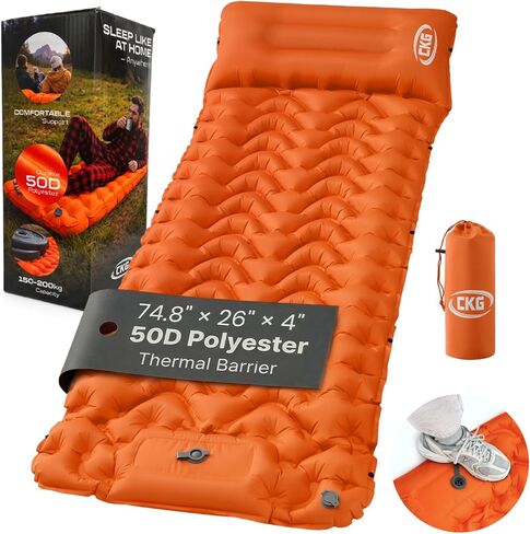 CKG Camping Sleeping Pad with Thermal Barrier, Ultralight Camping Mat 4in Thick with Pillow, Built-in Foot Pump Inflatable Sleeping Pad for Hiking Tent Road Trip Car Camp Travel Gear, Orange in Saudi Arabia