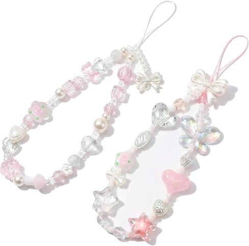2 Pack Beaded Camera Wrist Strap for Women, Cute Aesthetic Phone Charm Lanyard, Anti-Lost Hand Chain for iPhone Instax Keychain, Universal Selfie Security for Concert Vacation in Saudi Arabia