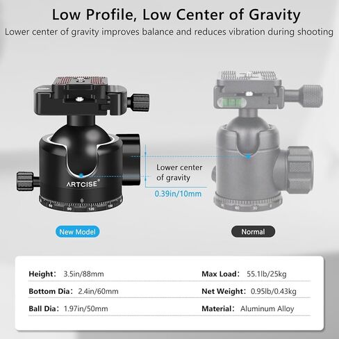 ARTCISE Black 50mm Low Profile Tripod Ball Head, CNC Aluminum Camera Tripod Head with Arca-Swiss Quick Release, U-Groove Vertical Shooting, Bubble Level, Heavy Load for DSLR & Mirrorless in Saudi Arabia