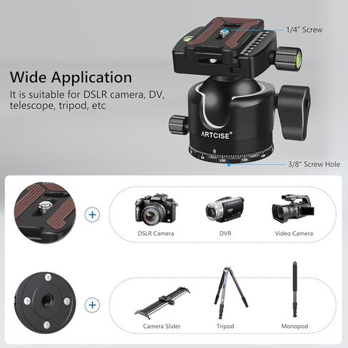ARTCISE Black 50mm Low Profile Tripod Ball Head, CNC Aluminum Camera Tripod Head with Arca-Swiss Quick Release, U-Groove Vertical Shooting, Bubble Level, Heavy Load for DSLR & Mirrorless in Saudi Arabia