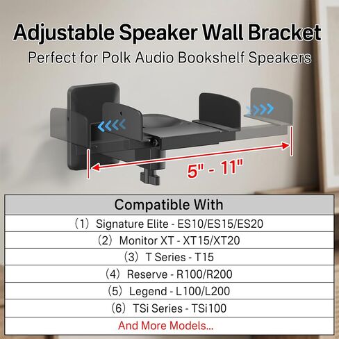حامل مكبر صوت على الحائط لـ Polk XT15/XT20/ES15/ES20/T15/R100/R200، حامل مكبر صوت جداري قابل للإمالة والدوران مع مشبك جانبي مزدوج، حامل مكبر صوت محيطي لحامل مكبر الصوت على رف الكتب Polk، يصل إلى 55 رطل، زوج in Kuwait
