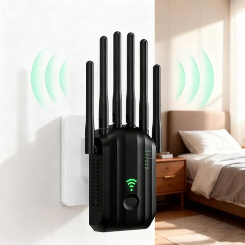 معزز إشارة موسع WiFi، مع 6 هوائيات، 2 منافذ LAN، أوضاع (مكرر، جهاز توجيه، AP)، تغطية تصل إلى 8300 قدم مربع، للمنزل والمكتب، سهل التركيب، أسود in Saudi Arabia