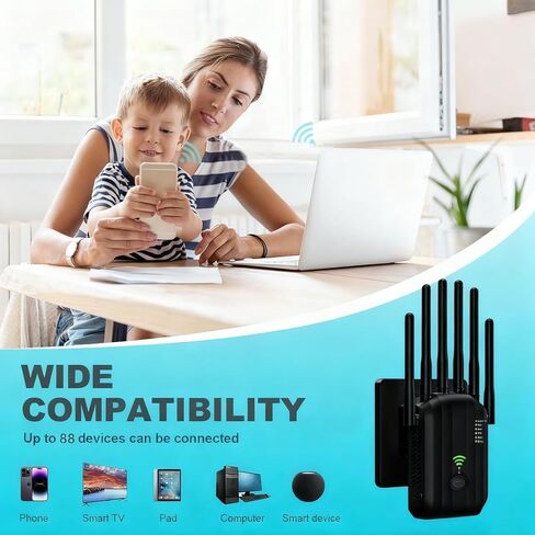 معزز إشارة موسع WiFi، مع 6 هوائيات، 2 منافذ LAN، أوضاع (مكرر، جهاز توجيه، AP)، تغطية تصل إلى 8300 قدم مربع، للمنزل والمكتب، سهل التركيب، أسود in Saudi Arabia