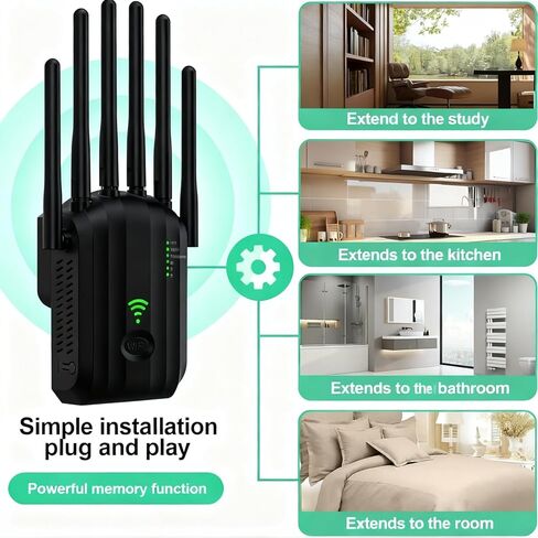معزز إشارة موسع WiFi، مع 6 هوائيات، 2 منافذ LAN، أوضاع (مكرر، جهاز توجيه، AP)، تغطية تصل إلى 8300 قدم مربع، للمنزل والمكتب، سهل التركيب، أسود in Saudi Arabia