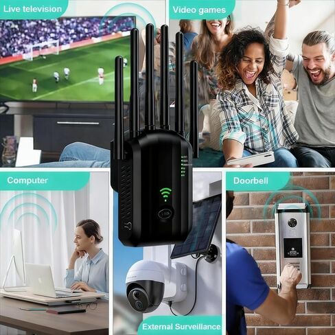 معزز إشارة موسع WiFi، مع 6 هوائيات، 2 منافذ LAN، أوضاع (مكرر، جهاز توجيه، AP)، تغطية تصل إلى 8300 قدم مربع، للمنزل والمكتب، سهل التركيب، أسود in Saudi Arabia