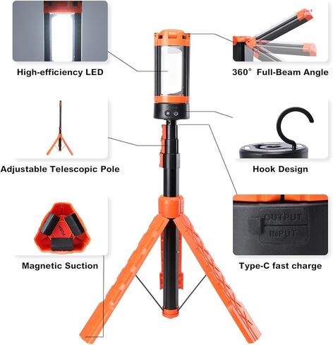 Rechargeable Camping Light with Stand, Aluminum 73" Portable Rechargeable LED Wirk Lights with 5 Lighting Modes - Telescopic Light with Tripod Work Lighting for Emergency, Power Outages, Hiking in Saudi Arabia