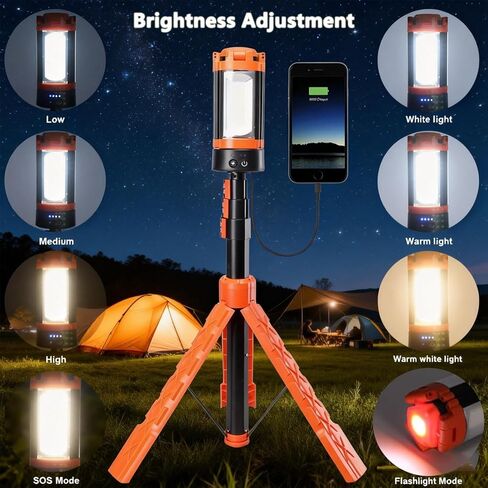 Rechargeable Camping Light with Stand, Aluminum 73" Portable Rechargeable LED Wirk Lights with 5 Lighting Modes - Telescopic Light with Tripod Work Lighting for Emergency, Power Outages, Hiking in Saudi Arabia