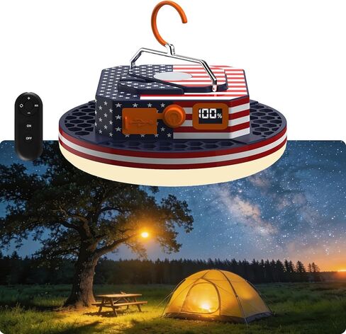 10000mAh 4000LM US Flag Printed Camping Light , Rechargeable Tent Light with Remote Control, 3 Color Modes White/Warm/Natural, American Flag Print IPX5 Waterproof Emergency Light for Power Outage in Saudi Arabia
