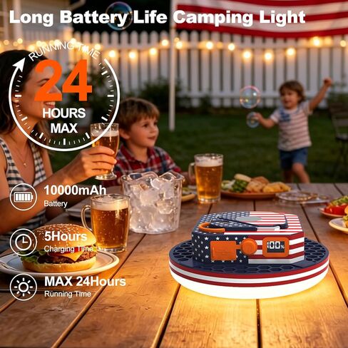 10000mAh 4000LM US Flag Printed Camping Light , Rechargeable Tent Light with Remote Control, 3 Color Modes White/Warm/Natural, American Flag Print IPX5 Waterproof Emergency Light for Power Outage in Saudi Arabia