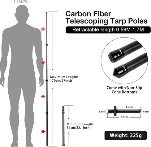 Telescopic Tarp Poles, Canopy Adjustable Carbon Fiber Poles Set of 2, Portable & Lightweight Tent Tarps for Awning, Camping, Hiking 67" in Saudi Arabia