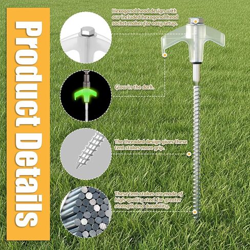 TianFan 20 Pack Screw in Tent Stakes Heavy Duty with Storage Box & Hex Heads Driver & Peg Puller, 8" Ground Anchor Screw in with Glow-in-Dark Heads, Metal Threaded Tent Spikes for Camping, Grassland in Saudi Arabia