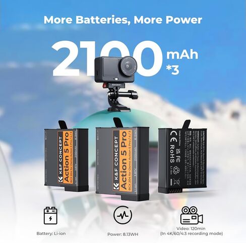 بطارية K&F CONCEPT OSMO Action 6، شاحن بطارية OSMO Action 5 Pro مكون من 3 عبوات متوافق مع كاميرات DJI OSMO 360، Action 5 Pro، Action 6، Action 4، Action 3 in Saudi Arabia
