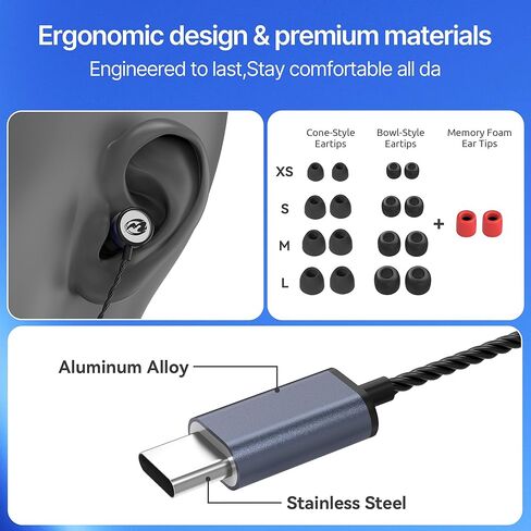 سماعات رأس MORMOQUE EP09 Hi-Fi Stereo USB C، سماعات أذن سلكية من النوع C مع باس عميق وميكروفون مدمج، سماعات عزل الضوضاء مع سلك طويل 4.9 قدم لمحبي الموسيقى والبودكاست والمكالمات in Kuwait