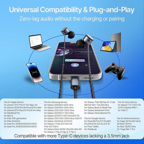 سماعات رأس MORMOQUE EP09 Hi-Fi Stereo USB C، سماعات أذن سلكية من النوع C مع باس عميق وميكروفون مدمج، سماعات عزل الضوضاء مع سلك طويل 4.9 قدم لمحبي الموسيقى والبودكاست والمكالمات in Kuwait