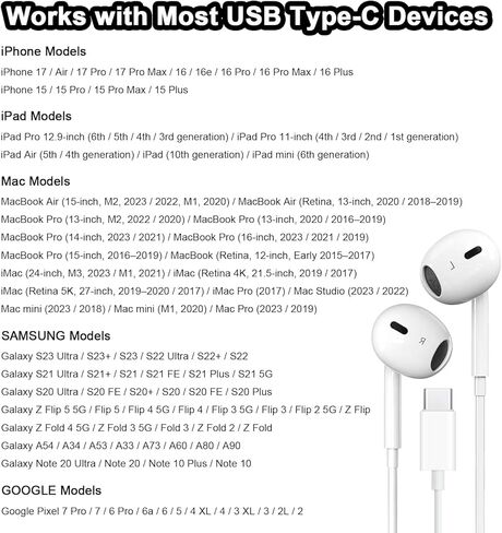 2 حزمة من سماعات الرأس USB C لهاتف iPhone 17/16/15 Pro Max Plus، سماعات أذن من النوع C مع تحكم في مستوى الصوت للميكروفون، سماعات أذن داخل الأذن لإلغاء الضوضاء لأجهزة iPad، لهاتف Galaxy S25 Ultra S24 S23 S22 S21 S20 A55، أبيض in Kuwait
