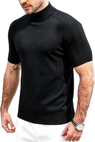 Men's Mock Turtleneck Sweater Short Sleeve Fashion Casual Tops Ribbed Knit Pullover Tees in Saudi Arabia