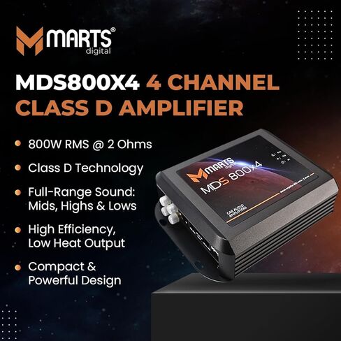 Marts Digital MDS800X4 | 4 Channel Class D Amplifier 800W RMS at 2 Ohms | Compact Size Low Heat Output | Adjustable Filters for Mids Highs Bass | Clean Full Range Power for Car Audio Systems in Saudi Arabia