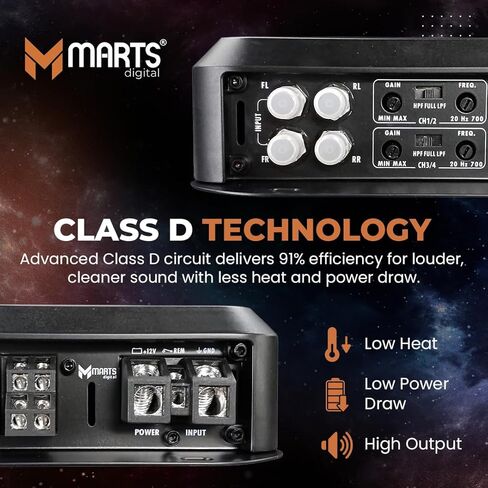 Marts Digital MDS800X4 | 4 Channel Class D Amplifier 800W RMS at 2 Ohms | Compact Size Low Heat Output | Adjustable Filters for Mids Highs Bass | Clean Full Range Power for Car Audio Systems in Saudi Arabia