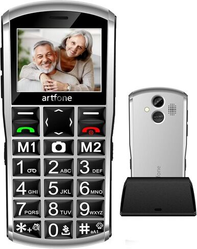 هاتف محمول artfone A400 4G Volte ذو زر كبير غير مقفل لكبار السن، هاتف خلوي لكبار السن والأطفال مع زر SOS، كاميرا 2 ميجابكسل، شاشة 2.4 بوصة، مكبر صوت عالي، قاعدة شحن، 1800 مللي أمبير - فضي in Kuwait