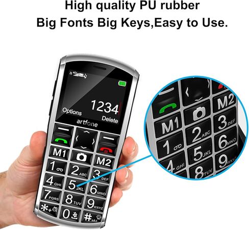 هاتف محمول artfone A400 4G Volte ذو زر كبير غير مقفل لكبار السن، هاتف خلوي لكبار السن والأطفال مع زر SOS، كاميرا 2 ميجابكسل، شاشة 2.4 بوصة، مكبر صوت عالي، قاعدة شحن، 1800 مللي أمبير - فضي in Kuwait