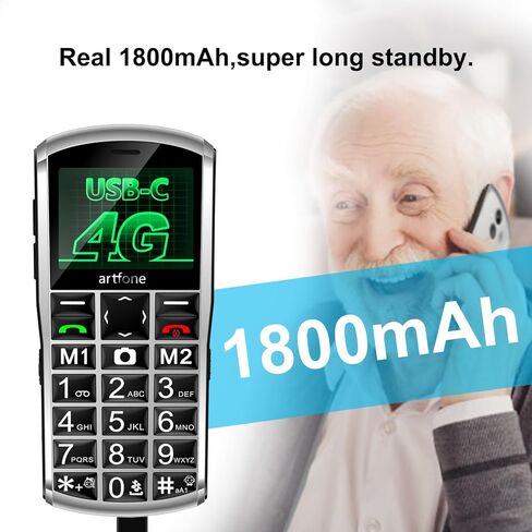 هاتف محمول artfone A400 4G Volte ذو زر كبير غير مقفل لكبار السن، هاتف خلوي لكبار السن والأطفال مع زر SOS، كاميرا 2 ميجابكسل، شاشة 2.4 بوصة، مكبر صوت عالي، قاعدة شحن، 1800 مللي أمبير - فضي in Kuwait