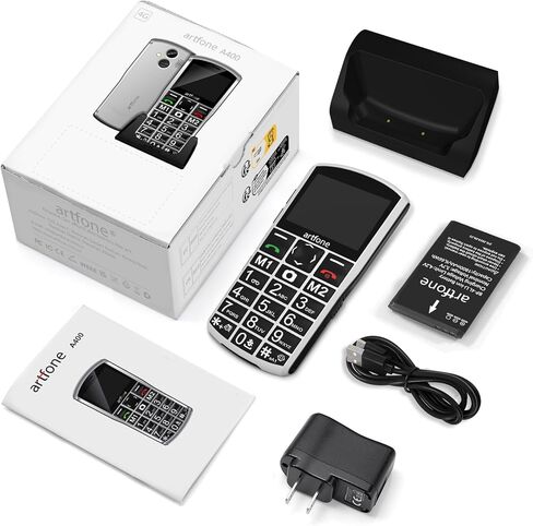 هاتف محمول artfone A400 4G Volte ذو زر كبير غير مقفل لكبار السن، هاتف خلوي لكبار السن والأطفال مع زر SOS، كاميرا 2 ميجابكسل، شاشة 2.4 بوصة، مكبر صوت عالي، قاعدة شحن، 1800 مللي أمبير - فضي in Kuwait
