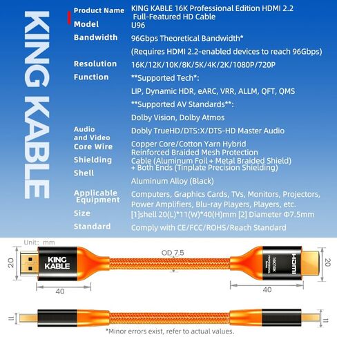 كابل HDMI 2.2 عالي السرعة للغاية، 96 جيجابت في الثانية، يدعم 16K/8K@120 هرتز/4K@240 هرتز، HDR الديناميكي، eARC، لأجهزة الكمبيوتر وأجهزة التلفزيون وأجهزة العرض والمزيد (1 متر/3.28 قدم) in Saudi Arabia