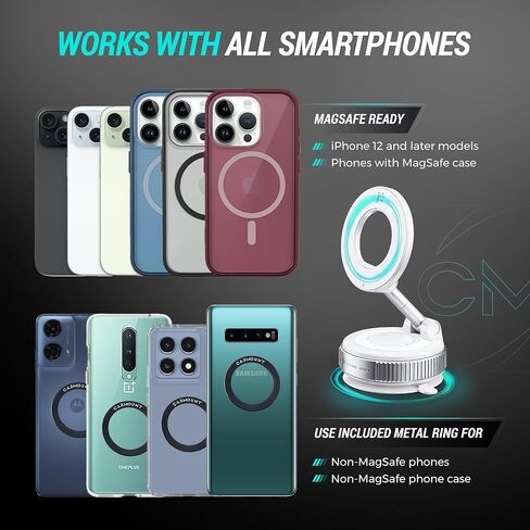 CARMOUNT Clutch-X ™ أبيض - حامل هاتف للسيارة مزود بكأس شفط مطور لهاتف iPhone، حامل هاتف للنافذة، حامل هاتف مغناطيسي بفراغ 360 درجة للسيارة، حامل هاتف مغناطيسي مع كوب شفط in Kuwait