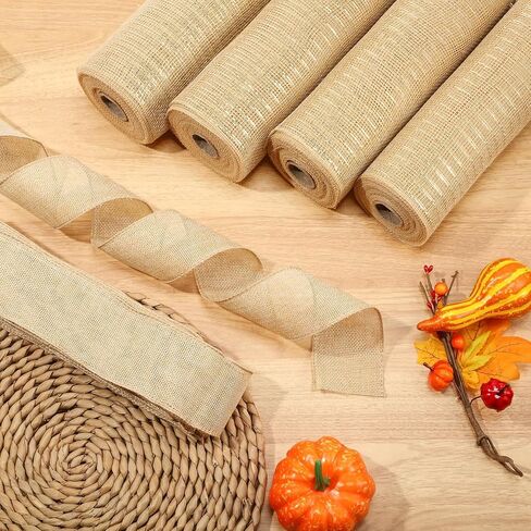 5 Rolls Autumn Abundance Plaid 30 Feet Each Roll Orange Gold and Green Poly Burlap Mesh with Ribbon Stripe 10 Inches for Thanksgiving Day Party Decor Gift Wrapping DIY Crafts (Maple Style) in Saudi Arabia