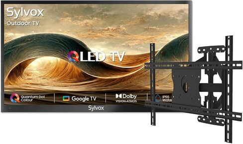 تلفزيون SYLVOX خارجي مع حامل وغطاء على الحائط، تلفزيونات ذكية 65 بوصة 4K UHD QLED، مقاومة للطقس، مقاومة للماء IP56، شمس جزئية 1000 شمعة في المتر المربع، تدعم مساعد جوجل، زاوية عرض واسعة (موديل 2026) in Kuwait