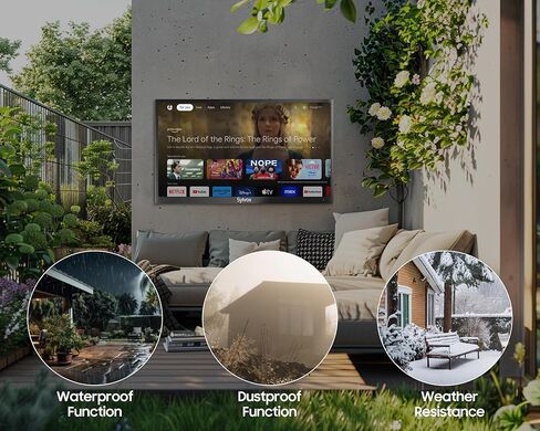 تلفزيون SYLVOX خارجي مع حامل وغطاء على الحائط، تلفزيونات ذكية 65 بوصة 4K UHD QLED، مقاومة للطقس، مقاومة للماء IP56، شمس جزئية 1000 شمعة في المتر المربع، تدعم مساعد جوجل، زاوية عرض واسعة (موديل 2026) in Kuwait