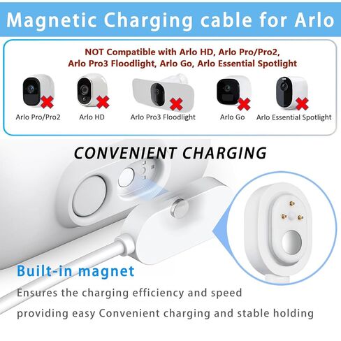 شاحن كاميرا Arlo كابل شحن مغناطيسي Arlo - متوافق مع كاميرات Arlo Pro 5S 2K، 4، 3، Ultra 2، Ultra، Go 2 - محول طاقة موصل مقاوم للطقس 10 أقدام in Saudi Arabia