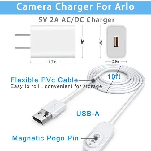 شاحن كاميرا Arlo كابل شحن مغناطيسي Arlo - متوافق مع كاميرات Arlo Pro 5S 2K، 4، 3، Ultra 2، Ultra، Go 2 - محول طاقة موصل مقاوم للطقس 10 أقدام in Saudi Arabia