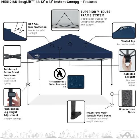 YOLI Meridian EasyLift 144 Instant Pop-Up Canopy, 12x12 Heavy Duty Straight Leg Shelter with Y-Truss Frame & Vented Top – Navy Blue in Saudi Arabia