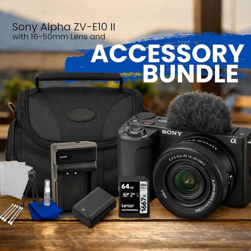 Sony Alpha ZV-E10 II Mirrorless Vlogging Camera Kit with 16-50mm Lens (Black) | Real-Time Eye AF — Bundle with SD 64GB Card + Camera Bag + Battery, Charger + Starter Kit in Saudi Arabia