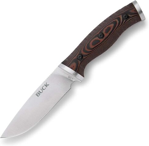 سكين Buck Knives 863 كبير ذو نصل ثابت للاستخدام الخارجي، شفرة 4-5/8 بوصة من الفولاذ 420HC، مقبض ميكارتا بني/أسود، غمد مع مهاجم النار وصفارة، معدات النجاة، 7.6 أونصة in Kuwait