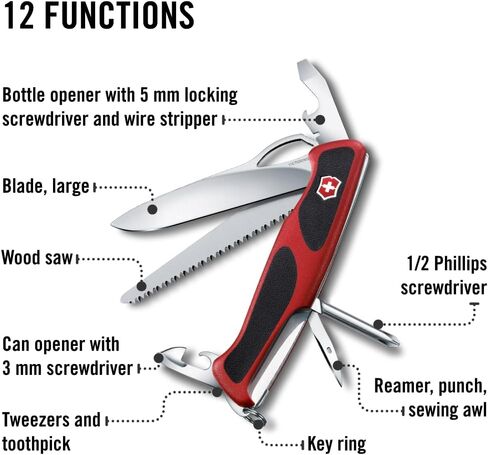 Victorinox Ranger 78 M Grip Swiss Army Knife, 12 Functions, Swiss Made Pocket Knife with Large Lock Blade, Tweezers and Wood Saw - Red/Black in Saudi Arabia