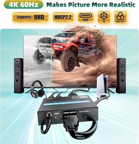 HDMI Audio Extractor Converter, 4K@60Hz Audio Adapter with Optical SPDIF + 3.5mm Stereo + Analog RCA L/R Audio Adapter, HDMI ARC Converter Supports 5.1 HDCP 2.2 HDR 18Gbps, for PS5 Xbox HDTV in Saudi Arabia