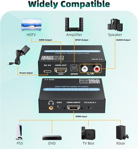 HDMI Audio Extractor Converter, 4K@60Hz Audio Adapter with Optical SPDIF + 3.5mm Stereo + Analog RCA L/R Audio Adapter, HDMI ARC Converter Supports 5.1 HDCP 2.2 HDR 18Gbps, for PS5 Xbox HDTV in Saudi Arabia