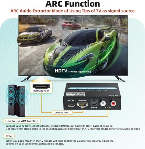 HDMI Audio Extractor Converter, 4K@60Hz Audio Adapter with Optical SPDIF + 3.5mm Stereo + Analog RCA L/R Audio Adapter, HDMI ARC Converter Supports 5.1 HDCP 2.2 HDR 18Gbps, for PS5 Xbox HDTV in Saudi Arabia