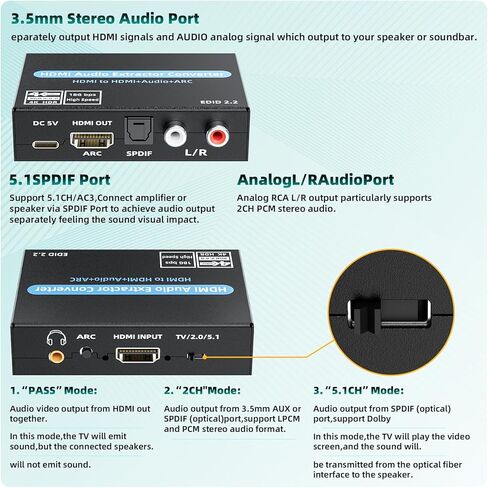 HDMI Audio Extractor Converter, 4K@60Hz Audio Adapter with Optical SPDIF + 3.5mm Stereo + Analog RCA L/R Audio Adapter, HDMI ARC Converter Supports 5.1 HDCP 2.2 HDR 18Gbps, for PS5 Xbox HDTV in Saudi Arabia