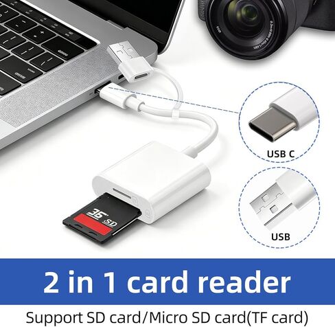 USB C SD Card Reader, USB SD Card Reader, Supports SD and Micro SD Memory Card Adapters for iPhone 15 16 17/iPad/MacBook/Mac, with USB to USB C Adapter in Saudi Arabia