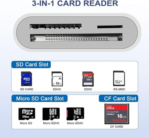 قارئ بطاقة SD، محول بطاقة USB 3.0 من النوع C عالي السرعة إلى SD/TF، ​​لهاتف iPhone 15/Android/iPad/Mac/الكمبيوتر المحمول، قارئ بطاقات Micro SD بثلاث فتحات للبطاقات يدعم بطاقة SD Micro SD CF، لا يتطلب تطبيقًا in Saudi Arabia