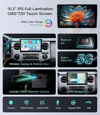 10" Car Radio Stereo for Ford F150 (2004-2008), F250/F350/F450/F550 (2008-2016), E150/E250/E350/Econoline Van (2009-2016), Focus/Fusion (2005-2007) WiFi/Wireless CarPlay/Android Auto, Touchscreen, GPS in Saudi Arabia