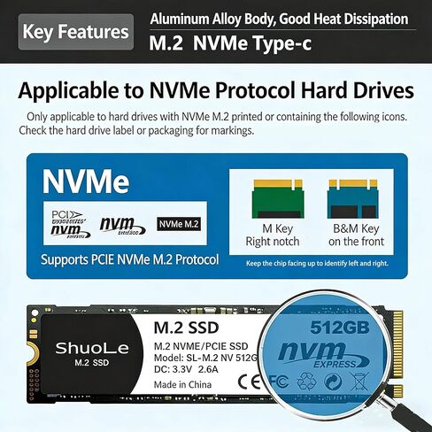 حاوية M.2 NVMe SSD، محول USB 3.2 Gen2 10 جيجابت في الثانية M.2 إلى USB-C، حافظة PCIe خارجية من الألومنيوم، تدعم 2230/2242/2260/2280 M/B&M Key SSD، UASP Trim لنظام التشغيل Mac Windows Linux (SSD غير متضمن) in Kuwait